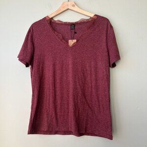 Shein Womens Lace Trim V-Neck Short‎ Sleeve Top M Red